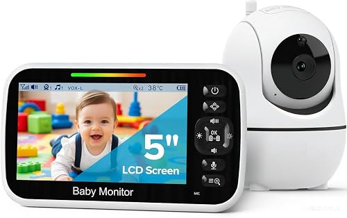 GoodBaby 5" Baby Monitor with Camera and Audio, No WiFi Secure FHSS, 30-Hour Battery, Remote PTZ, Auto Night Vision, Room Temperature, Two-Way Audio，Lullabies，1000ft Range