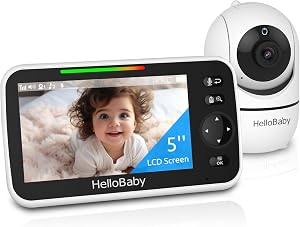 HelloBaby No WiFi Baby Monitor 5" Screen 30-Hour Battery Pan-Tilt-Zoom Video Upgrade