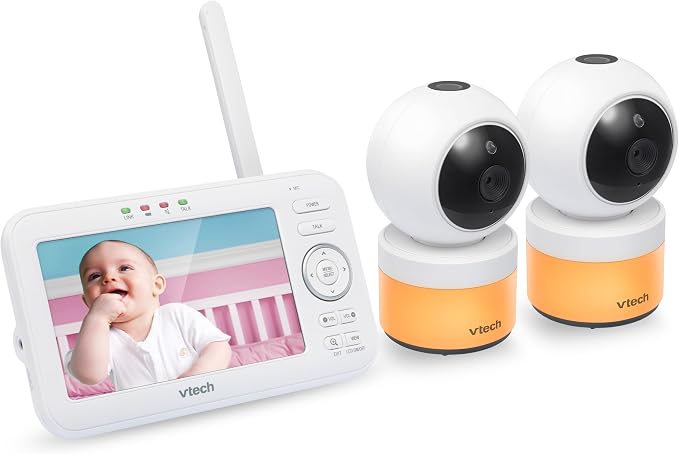 VTech VM5463-2 Upgraded Video Baby Monitor with 2 Cameras – 5" HD Screen, 12-Hour Battery, Pan Tilt Zoom, Ceiling Star Projector Night Light, 2-Way Audio, Non-WiFi Secure, No App N