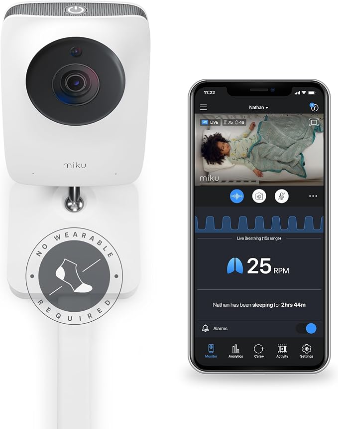 Miku Pro Smart Baby Monitor with Camera, Track Live Breathing with No Wearable, Real-Time Alerts, Sleep Analytics, 1080p Wi-Fi Video, Night Vision, and 2-Way Audio, Wall Mount Incl